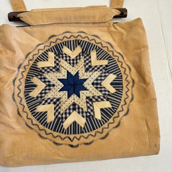 Retro 70s Quilted Hippie Shoulder Bag Vegan Handbag Boho Cottagecore Wood detail - Picture 3 of 16